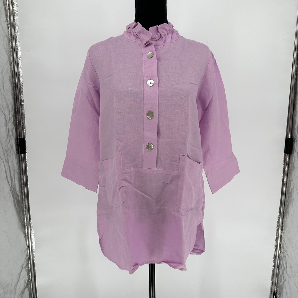 NEW $96 Toofan Linen Lilac Pink Shirt Tunic Top 3/4 Sleeve Pockets Ruffle Size M